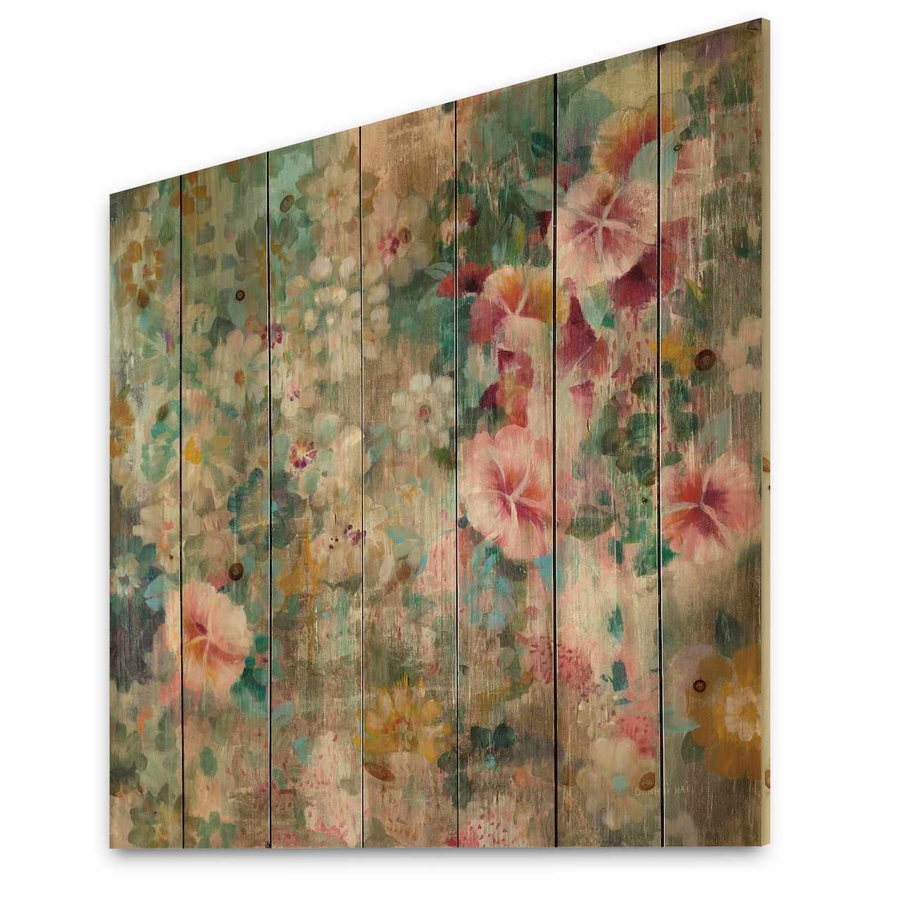 Designart - Flower Shower III - Farmhouse Print on Natural Pine Wood